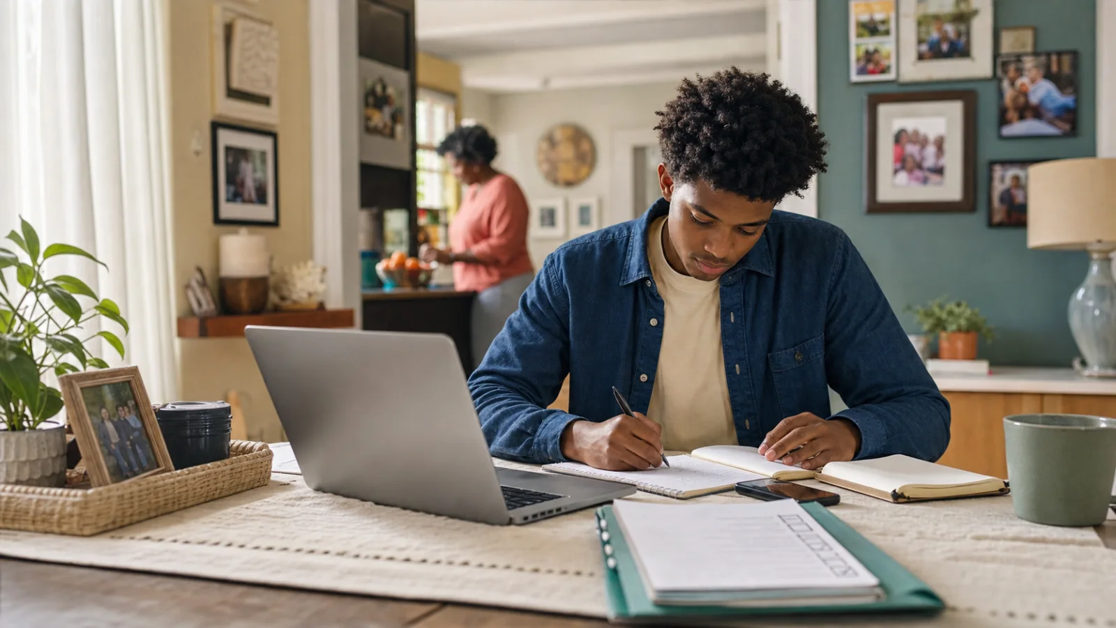 Young adult organizing a side-business plan at home