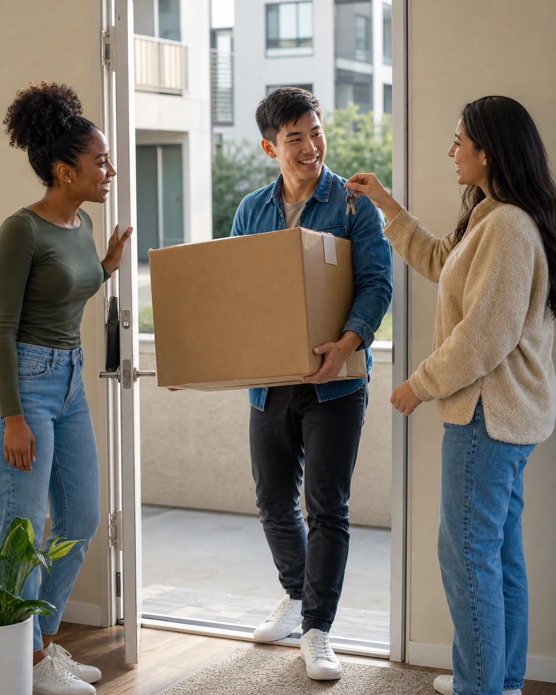 Supporters welcoming a young adult as he carries a moving box into his new home