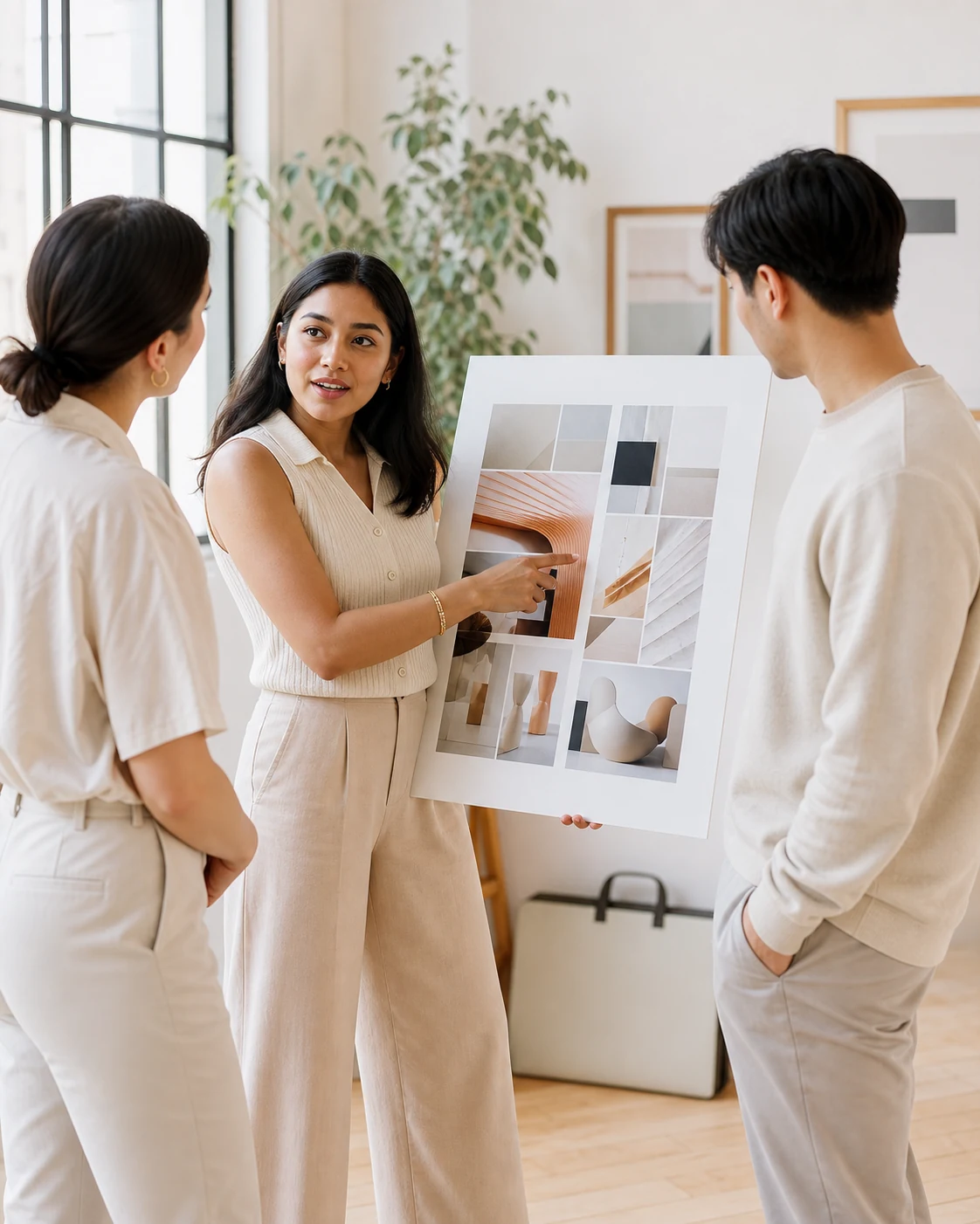 Young professional presenting a portfolio board to colleagues