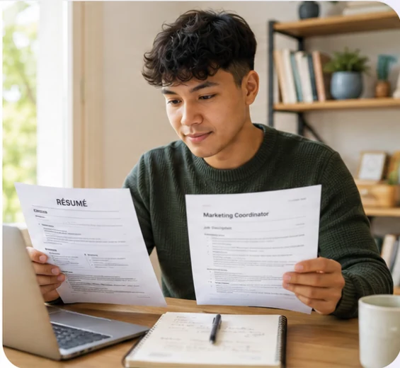 Young professional preparing application materials at a desk