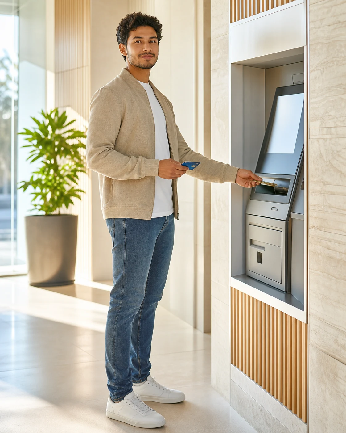Young adult making a deposit at an ATM