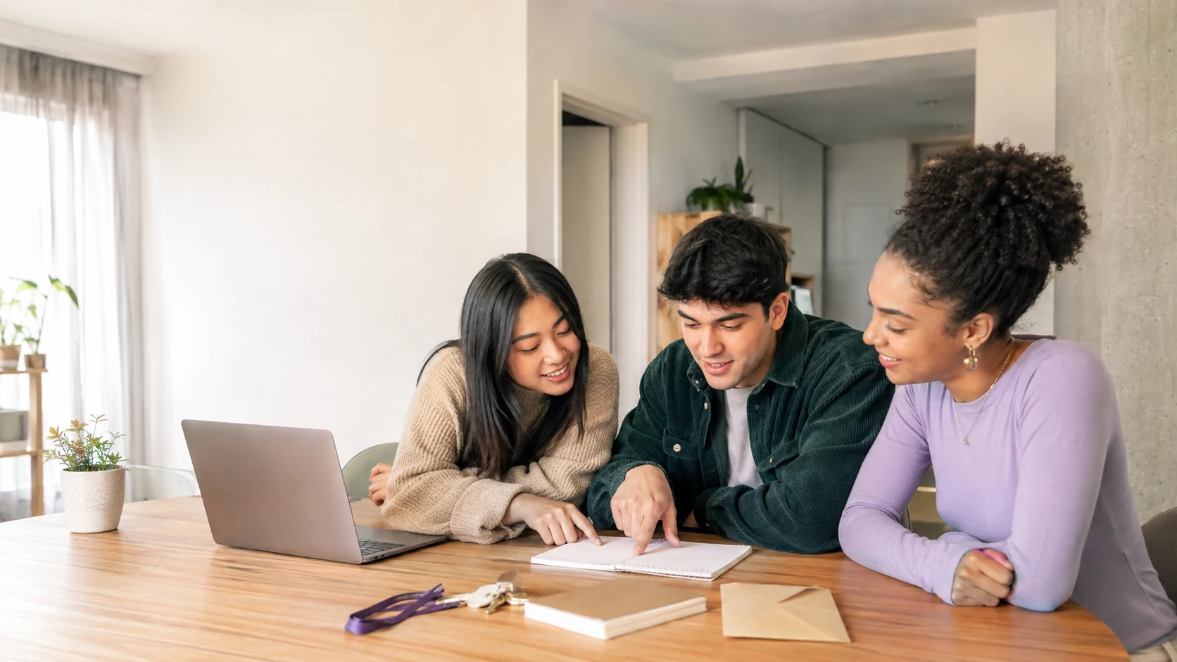 Three diverse young adults concentrating together on a laptop and written plan for their next chapter