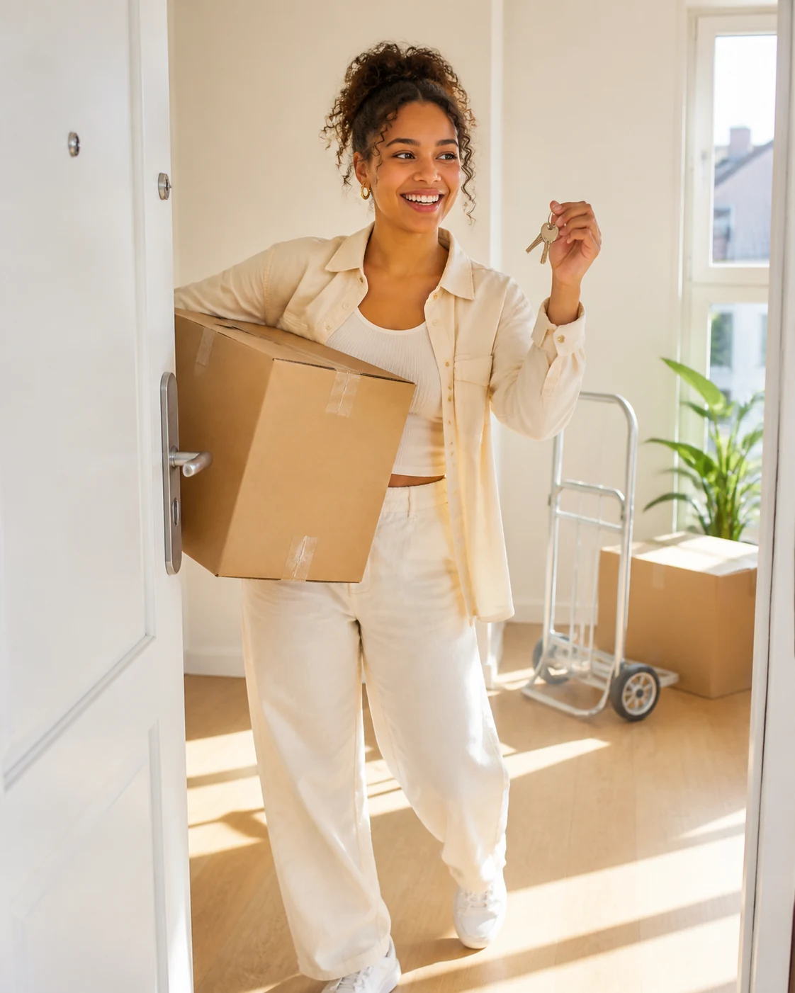Young adult carrying a moving box into a first apartment while holding keys