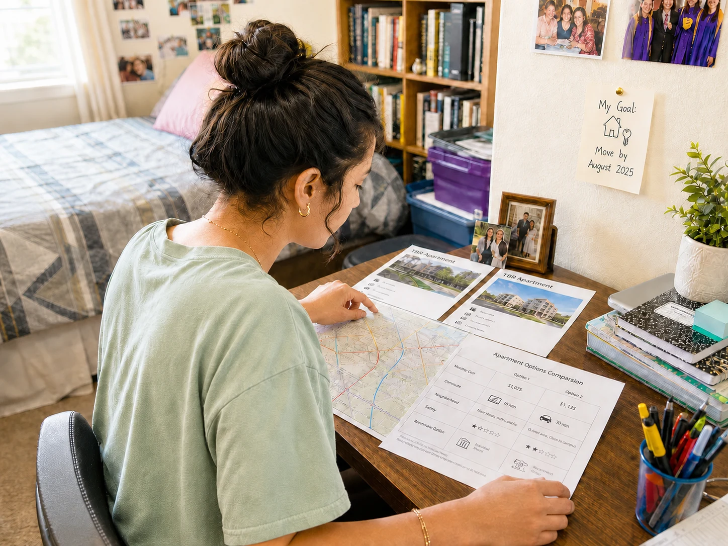 Young adult comparing realistic housing options and locations