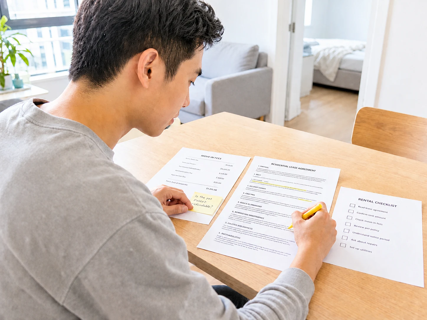 Young renter carefully reviewing a lease before signing