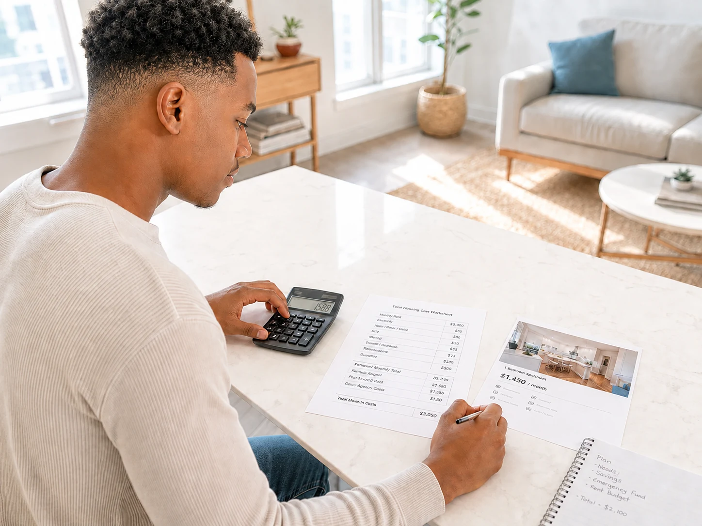 Young adult comparing rent and household costs before applying