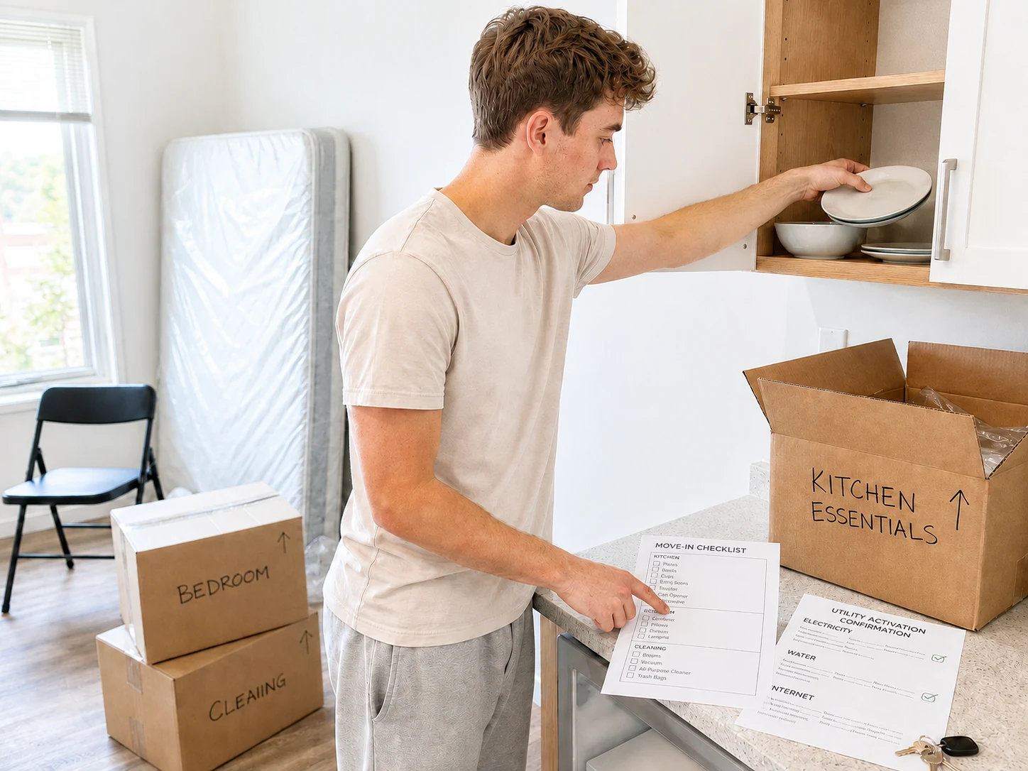 Young adult organizing utilities and move-in tasks for a first home