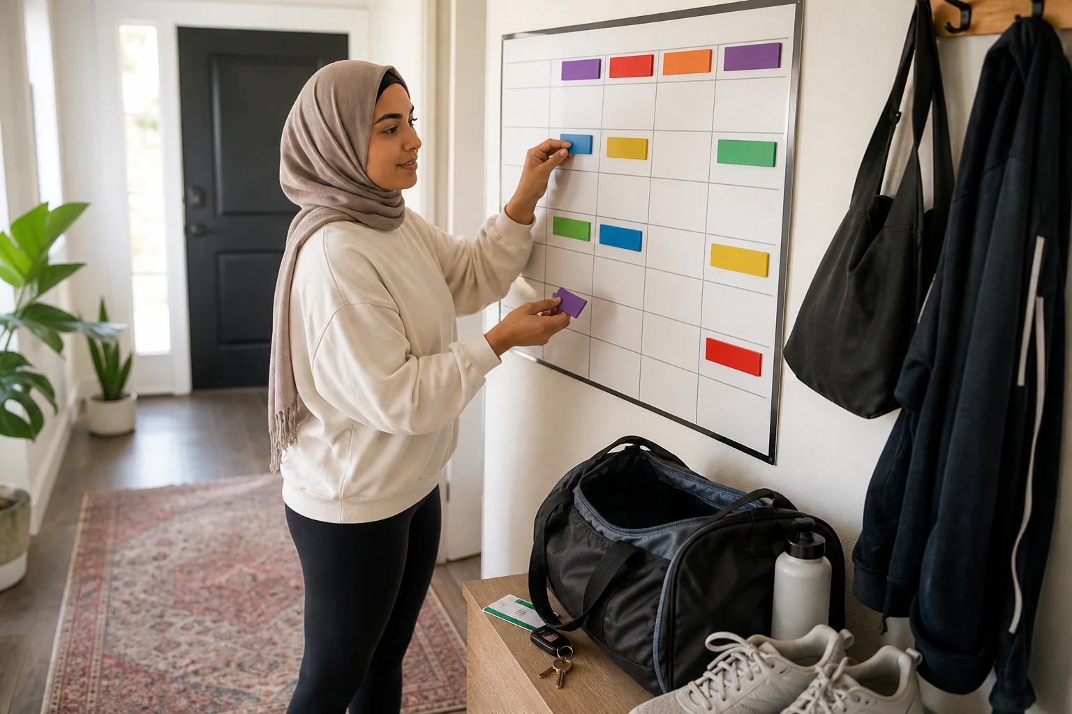Young adult arranging a realistic weekly schedule on a wall board