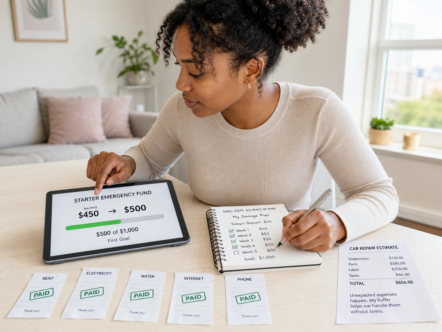 Young adult adding a small amount to emergency savings