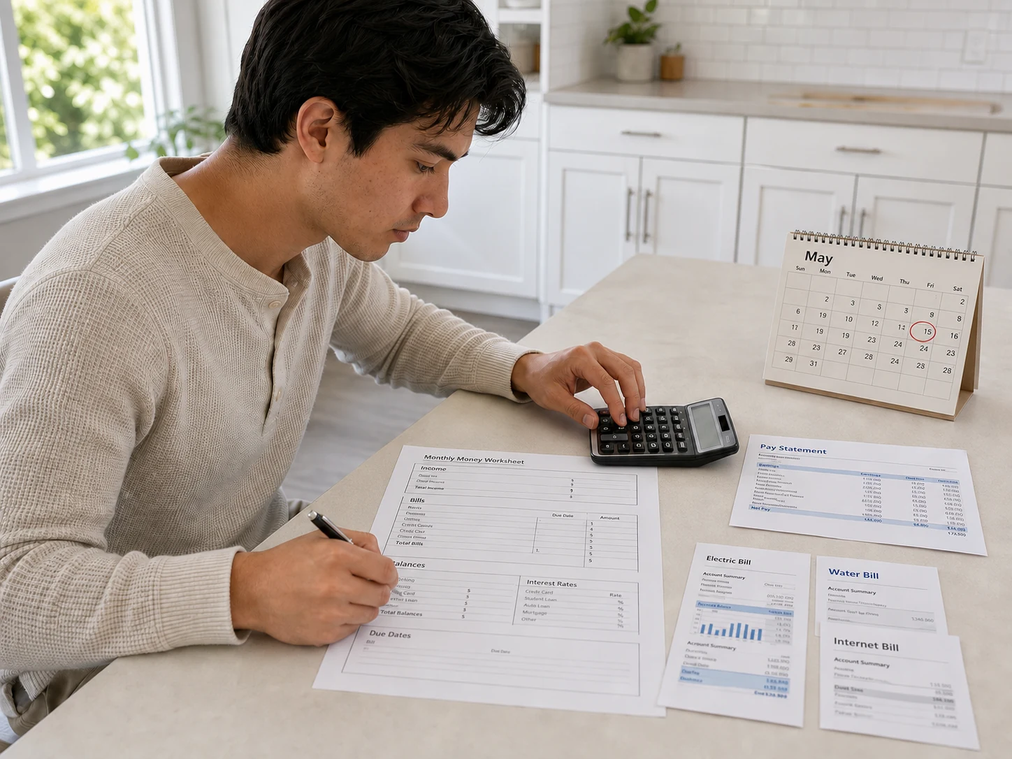 Young adult reviewing a monthly budget at a kitchen table
