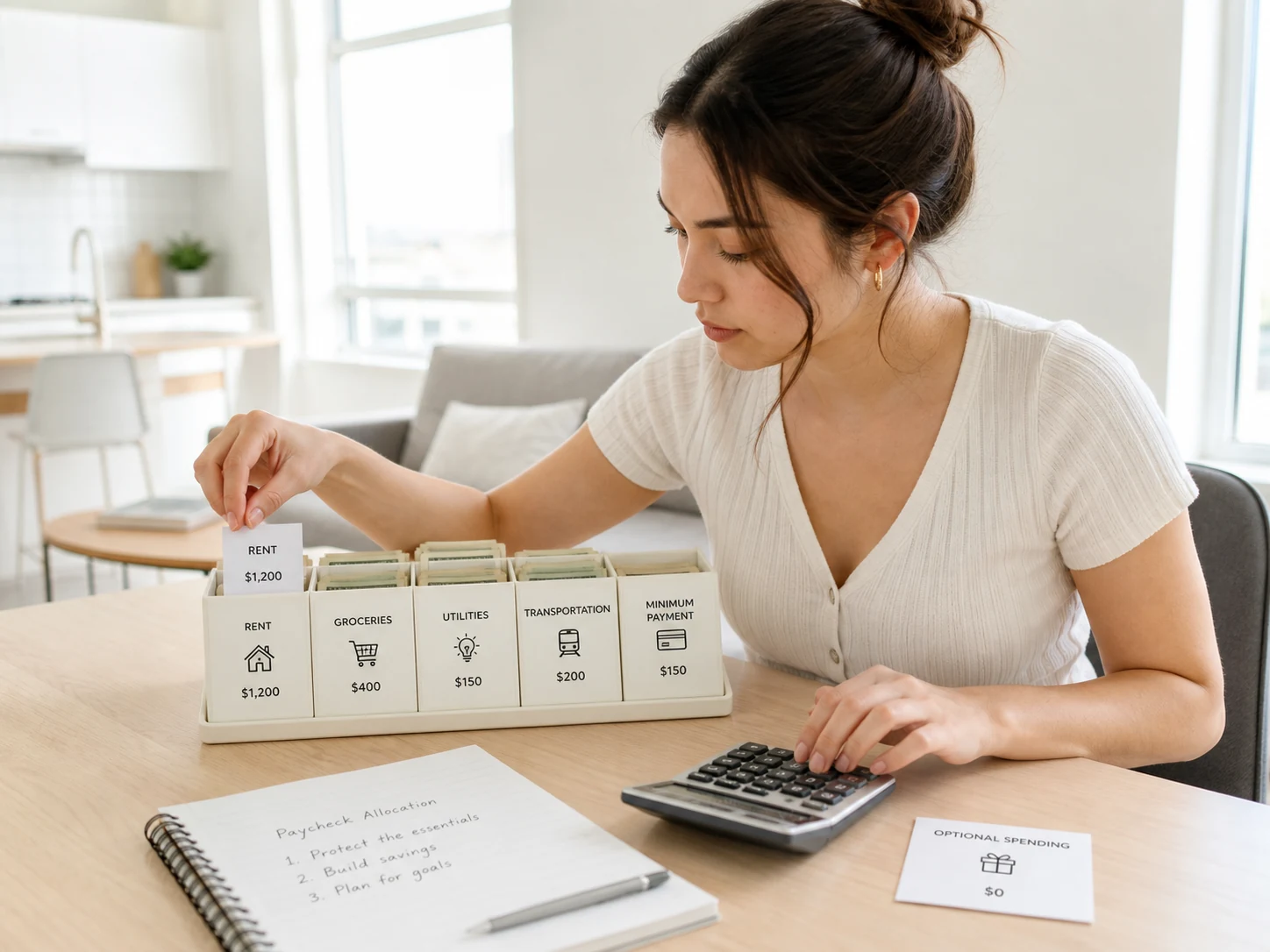 Young adult prioritizing essential expenses while paying household bills