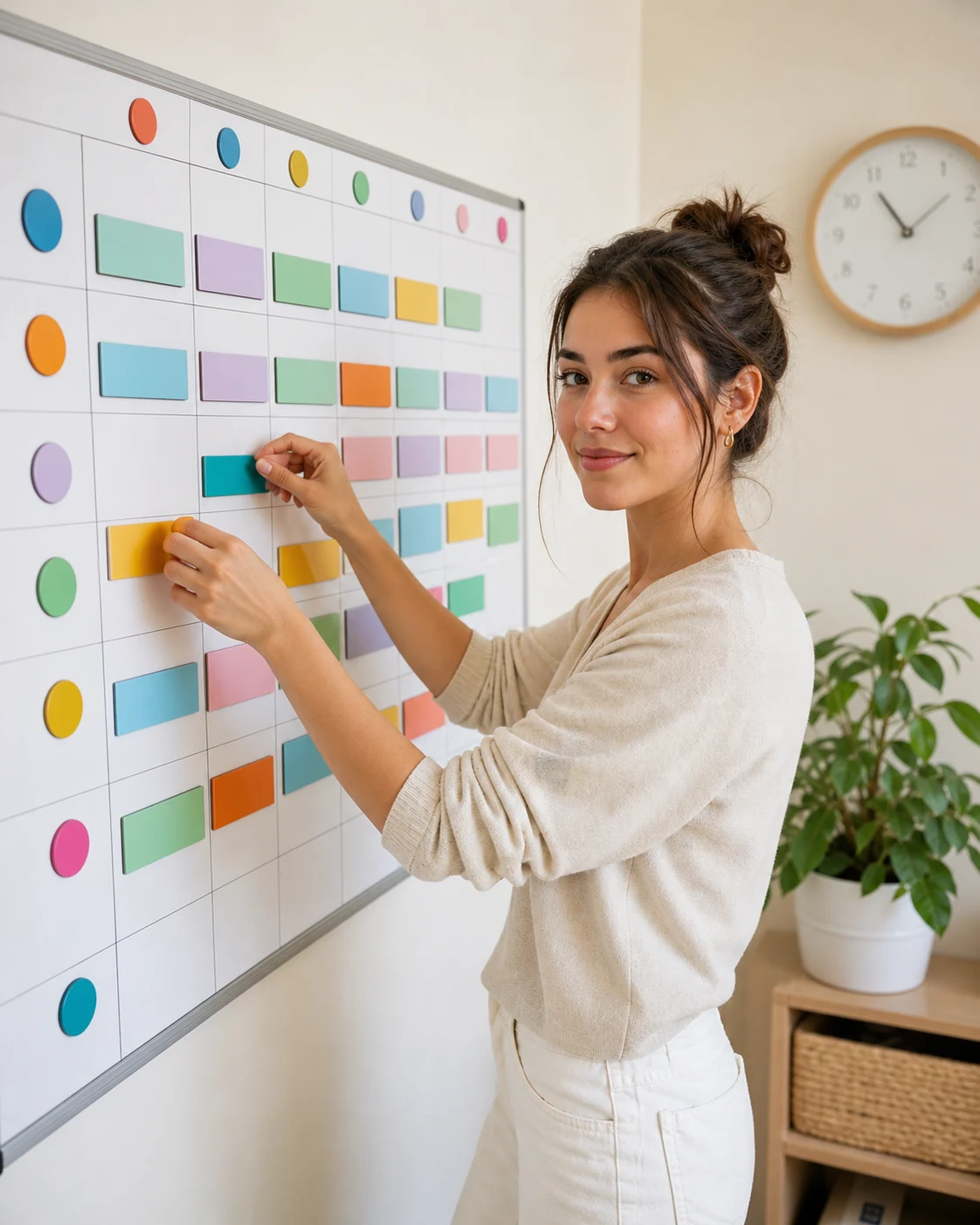 Young adult arranging a realistic weekly schedule on a wall board