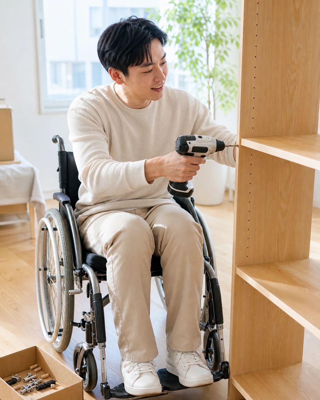 Young adult assembling a bookshelf independently