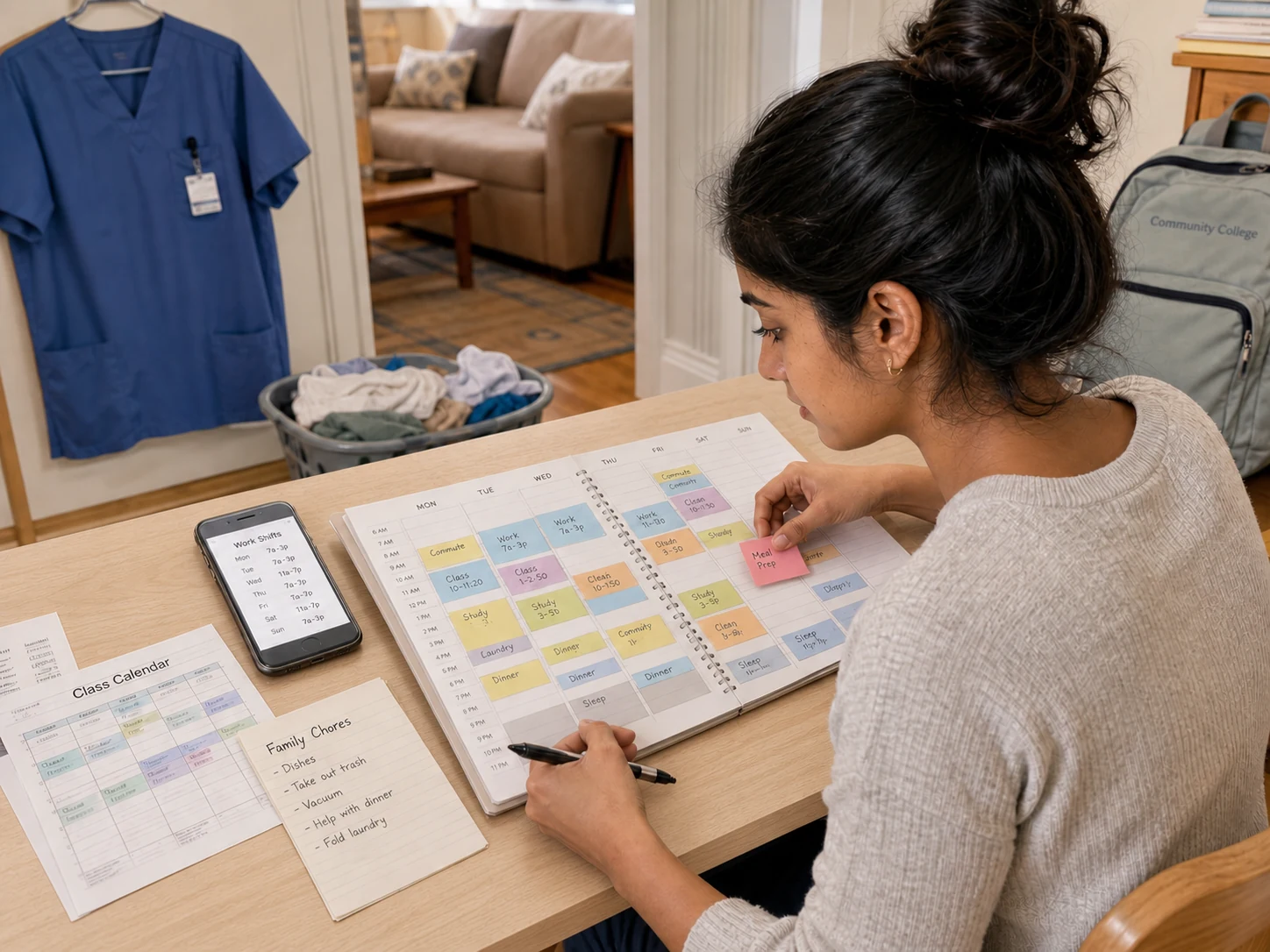 Young adult using a practical checklist while organizing household responsibilities