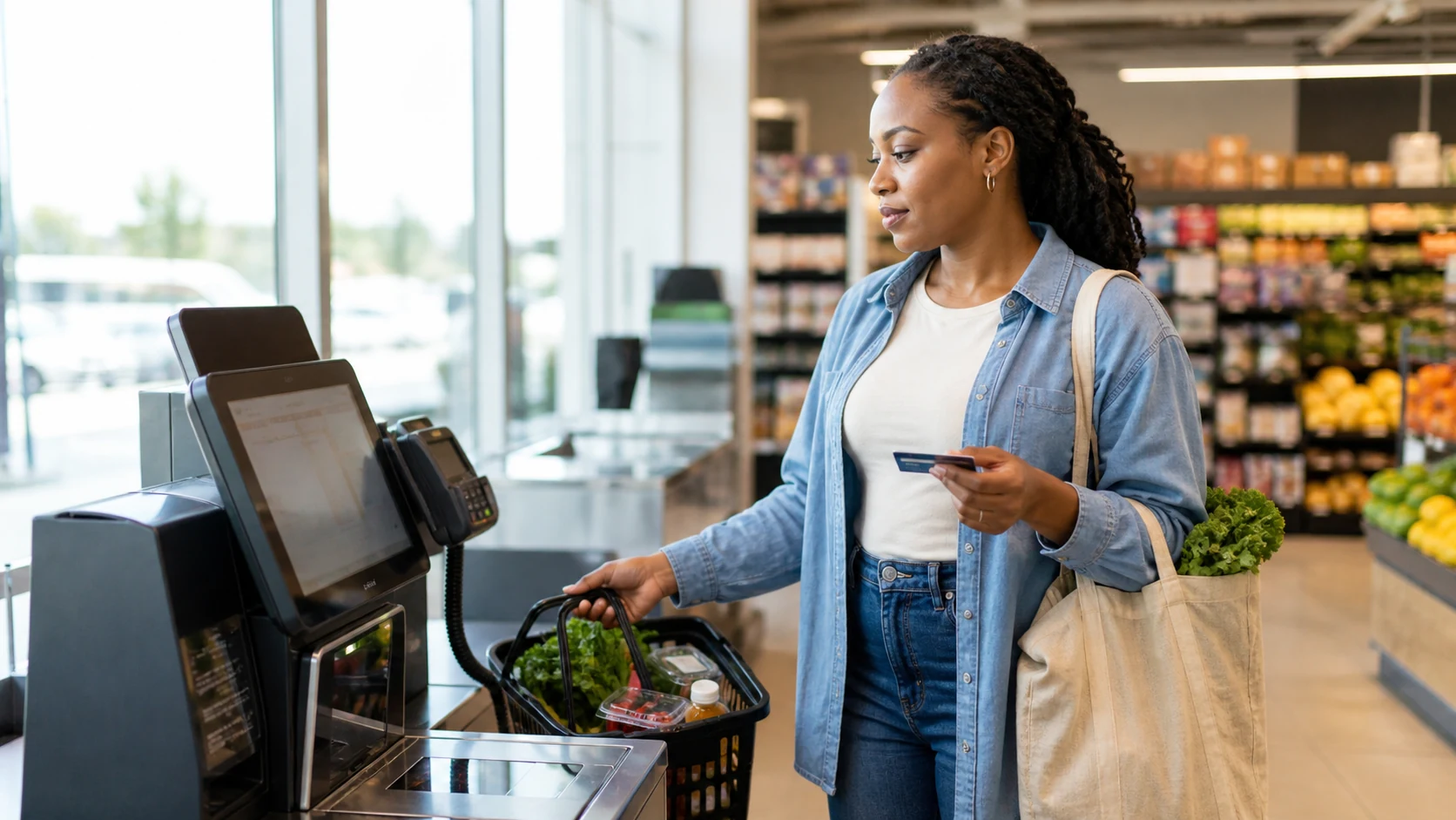 Young adult checking out groceries with a debit card