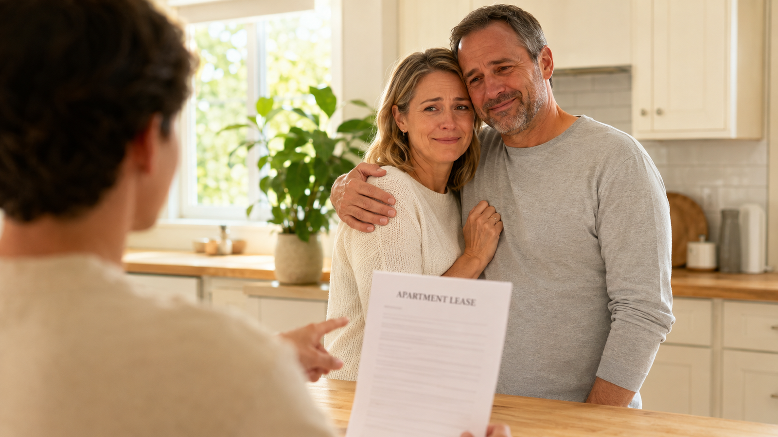 Young man showing an unsigned apartment lease to his parents as they embrace with pride
