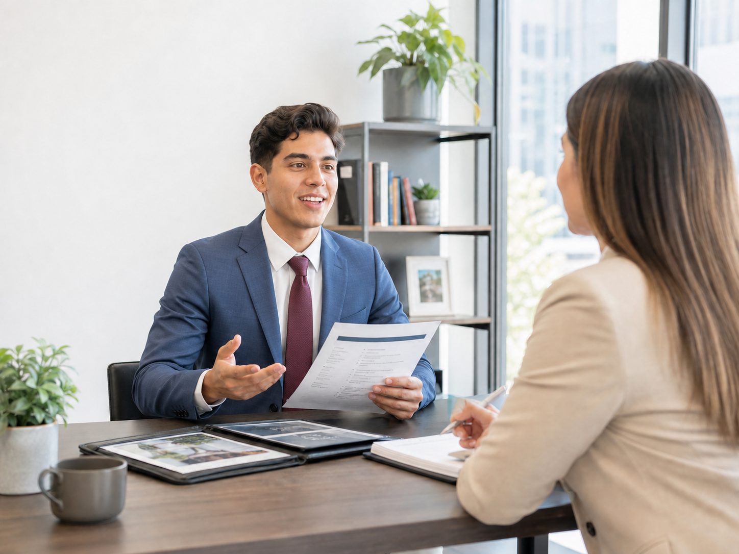 Young man in a suit and tie answering a question during a job interview