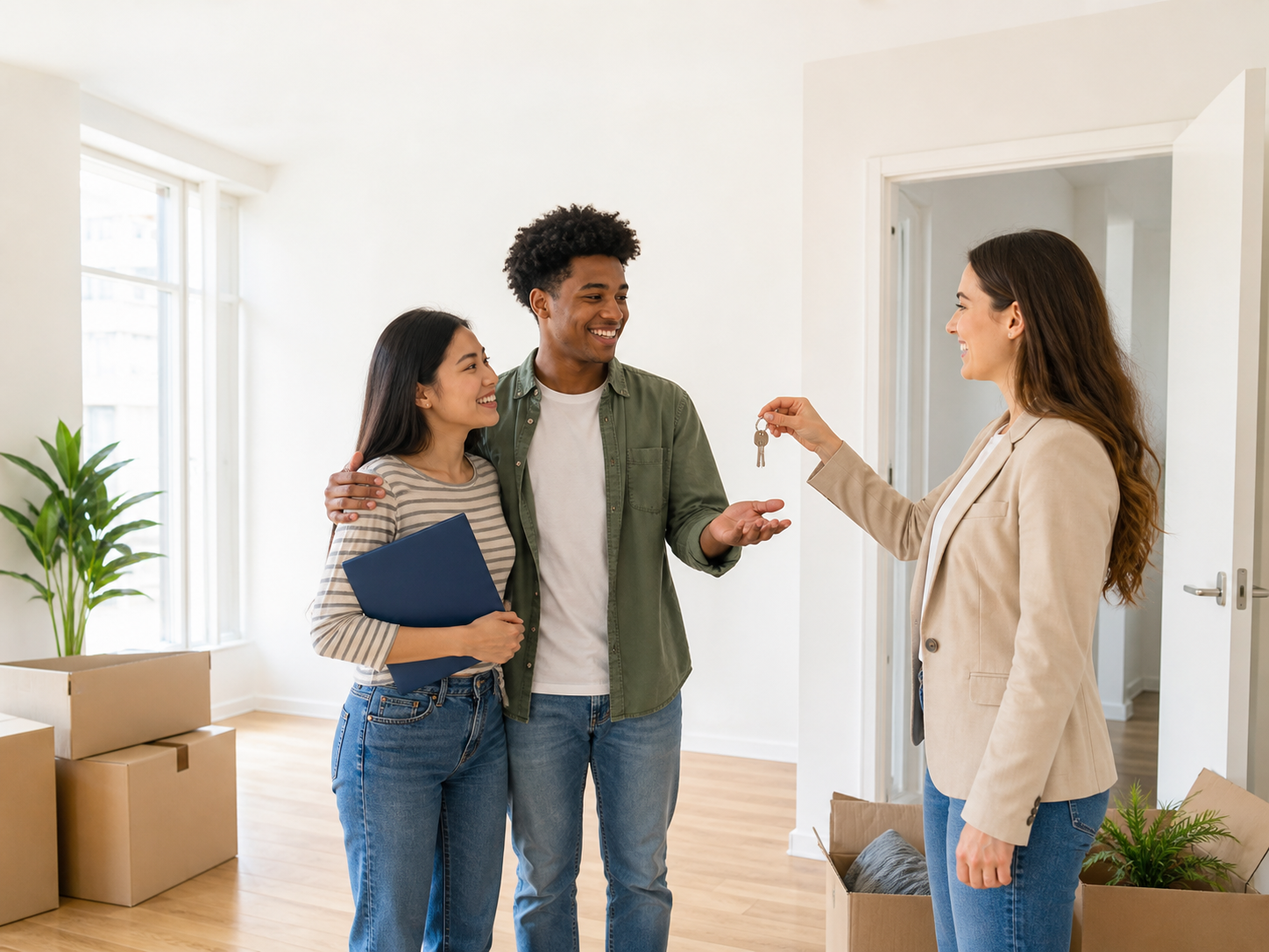 Young couple receiving keys from a leasing agent inside their first apartment