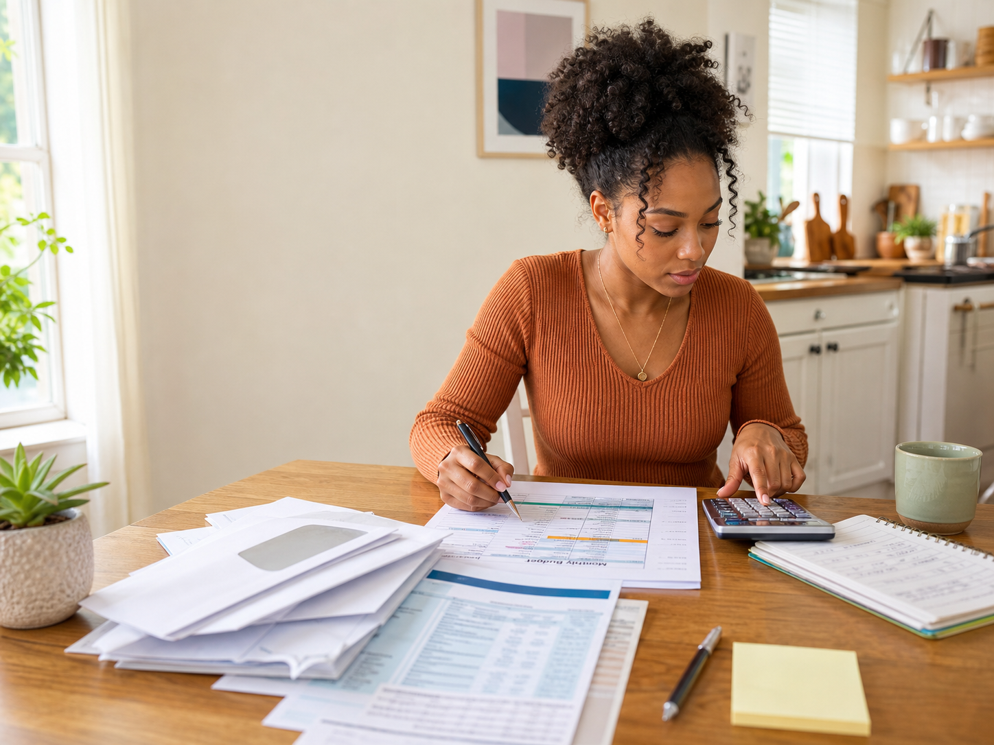 Young woman calculating expenses while completing a monthly budget and sorting household bills