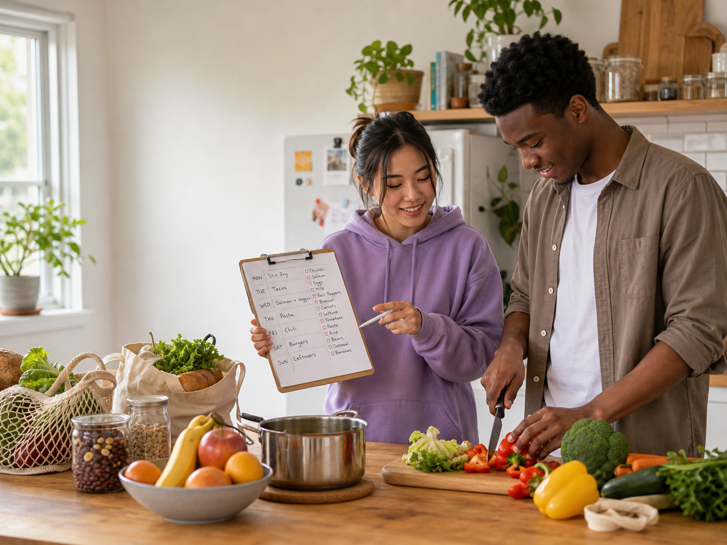 Two young adults following a weekly meal plan while cooking together
