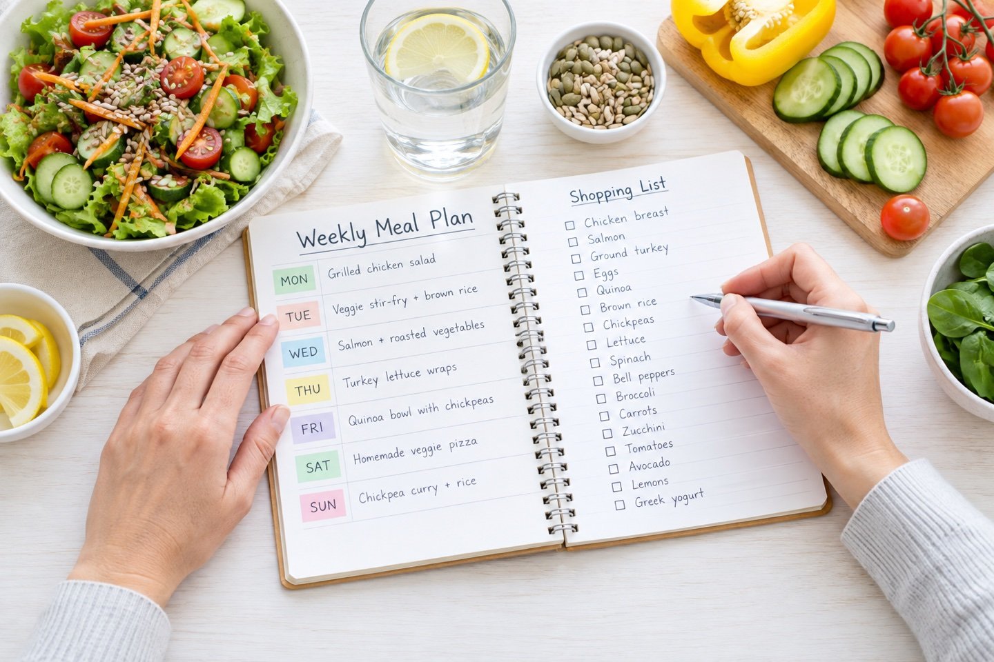 Hands planning meals beside fresh vegetables, a salad, and water.