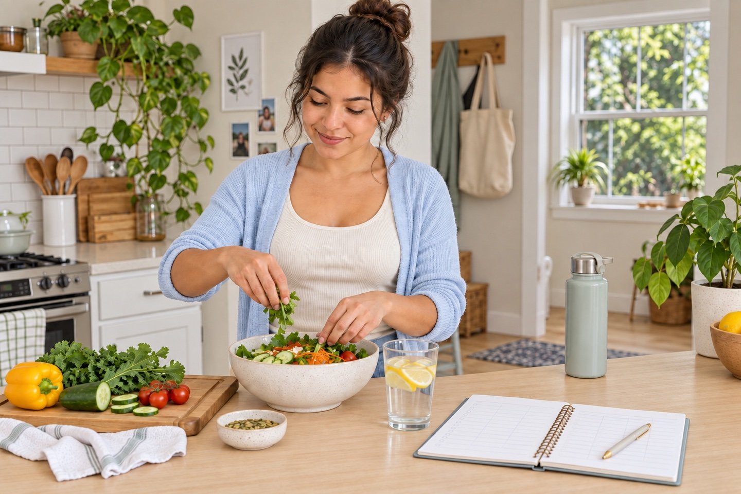 Young adult preparing a fresh meal with vegetables and water at home.